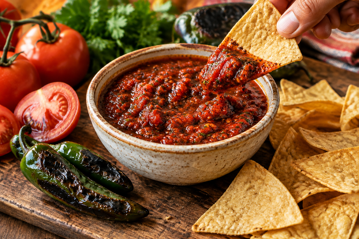 Bowl of reddish roasted salsa with tortilla chips for dipping