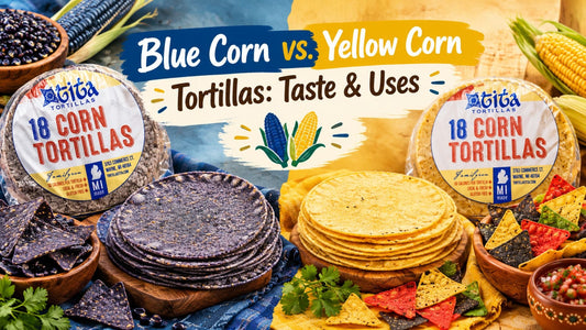 Blue and yellow corn tortillas with colorful tortilla chips, comparing their taste, textures, and uses in Mexican cuisine.